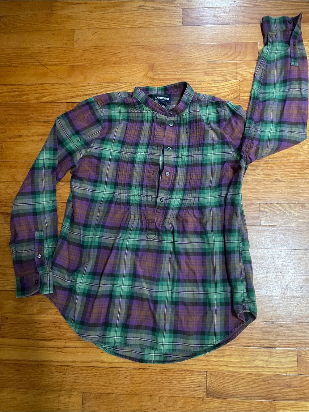 Lands' End Green and Purple Plaid Women’s Band-Collar Button-Down Shirt